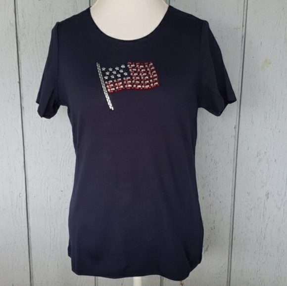 Karen Scott Tops - American Flag Tee 100% Cotton Americana 4th of July Rhinestone Patriotic (A)